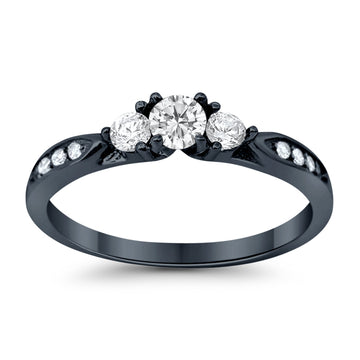 3-Stone Engagement Promise Ring Black Tone, Simulated Cubic Zirconia 925 Sterling Silver